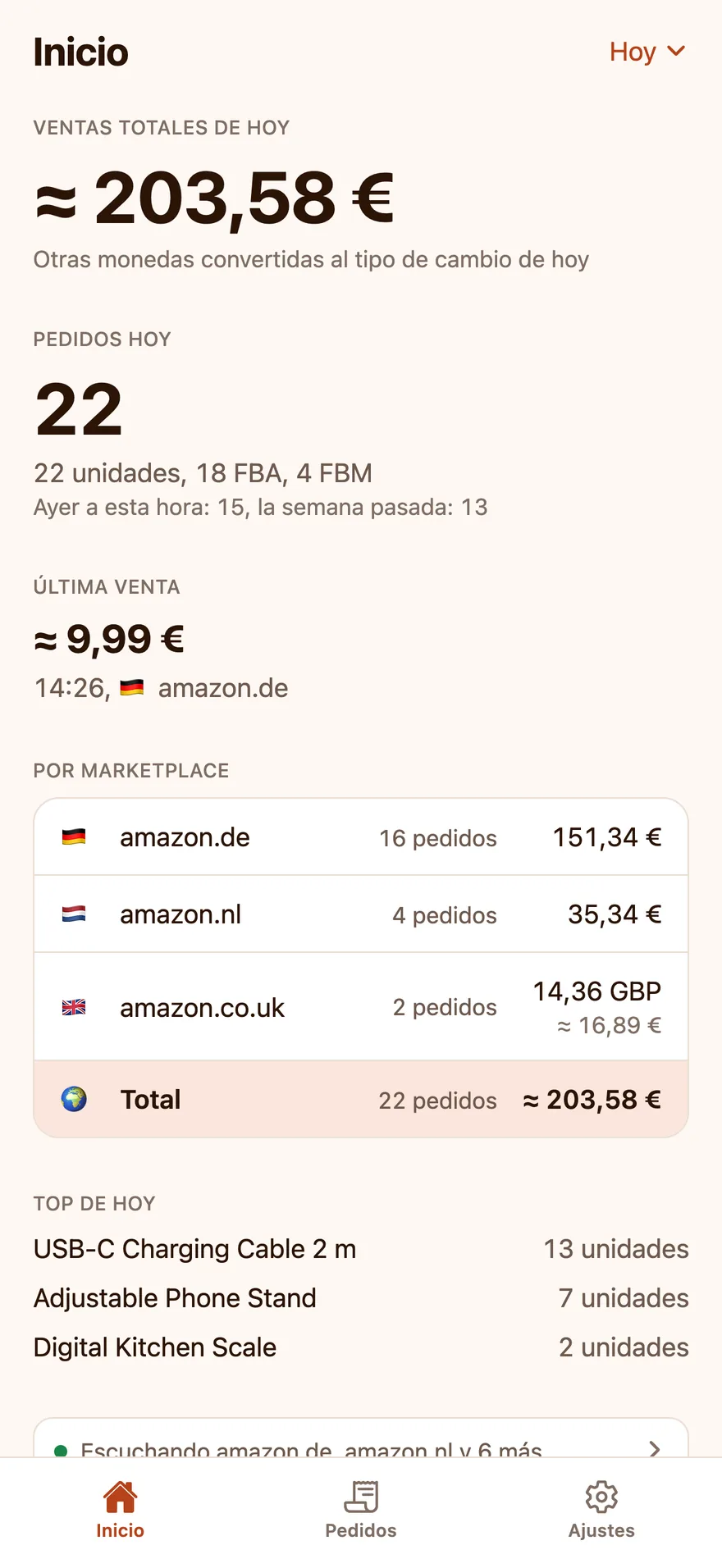 La pantalla Home de Agent ChaChing con las ventas de hoy, el número de pedidos y los productos principales