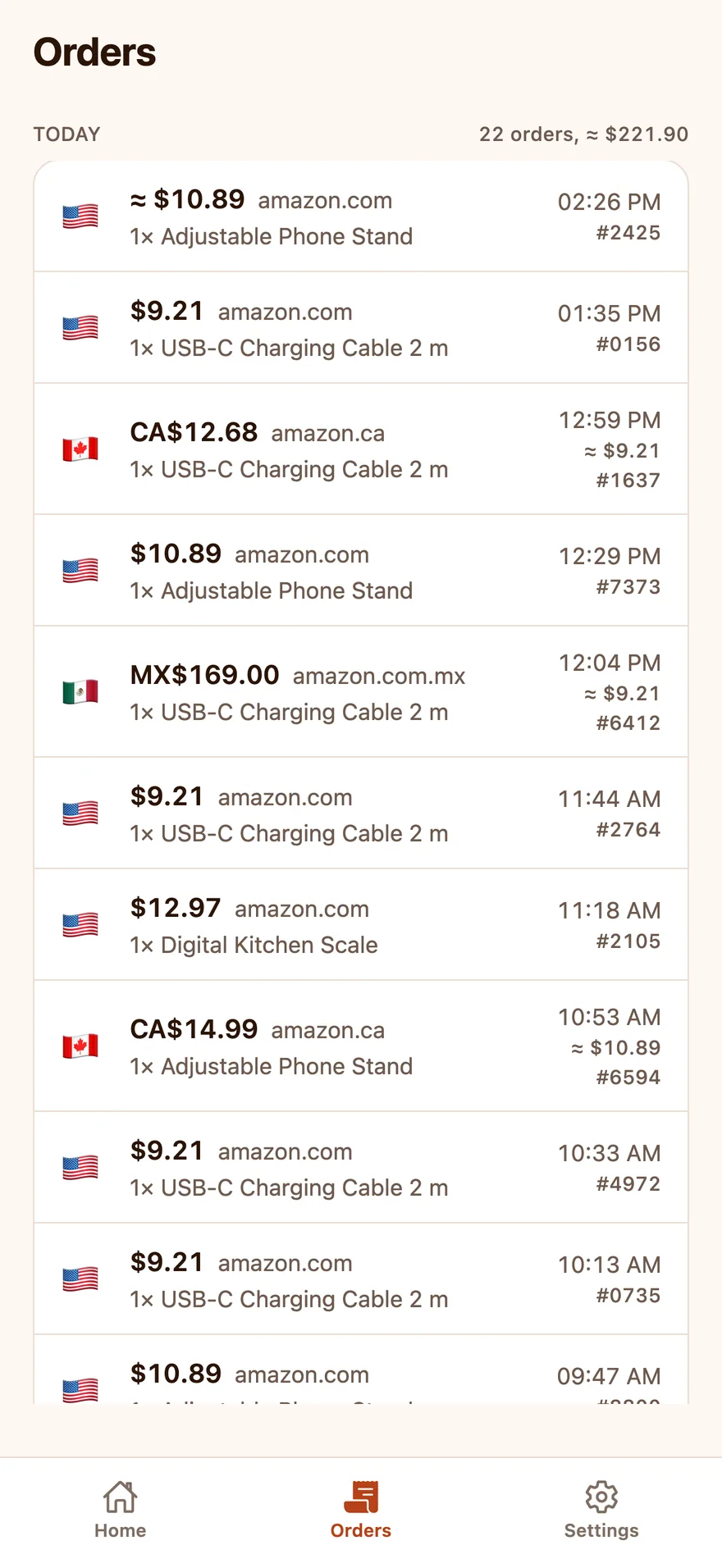 The Orders screen of Agent ChaChing, with every alert of the day