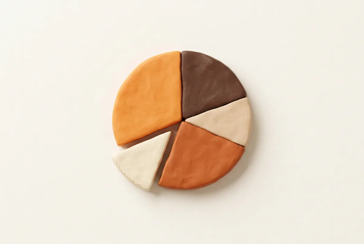 Illustration of a clay pie chart in orange, brown and cream with one segment pulled out, dividing up how much does it cost to sell on Amazon