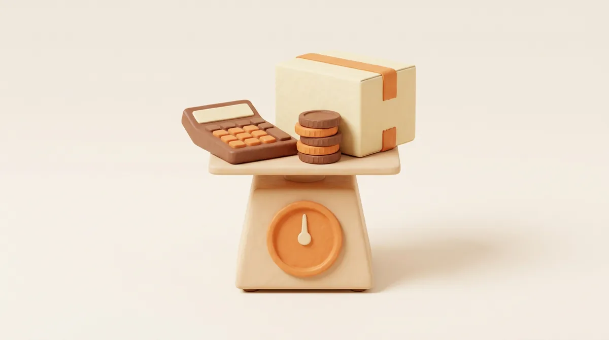 Illustration for the question how much does it cost to sell on Amazon, with a calculator, stacked coins and a parcel on a kitchen scale
