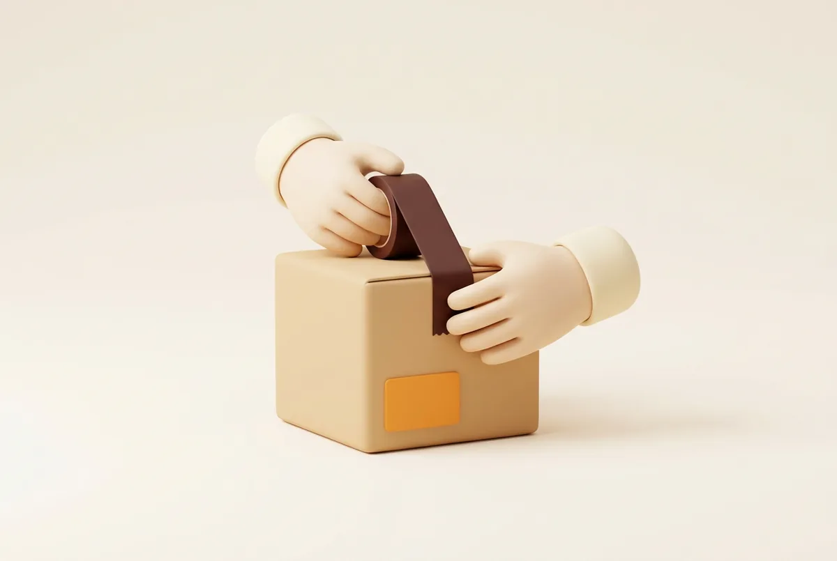 Ilustración de dos manos precintando una caja de envío con una etiqueta naranja en blanco, el primer envío de quien aprende qué es Amazon FBA