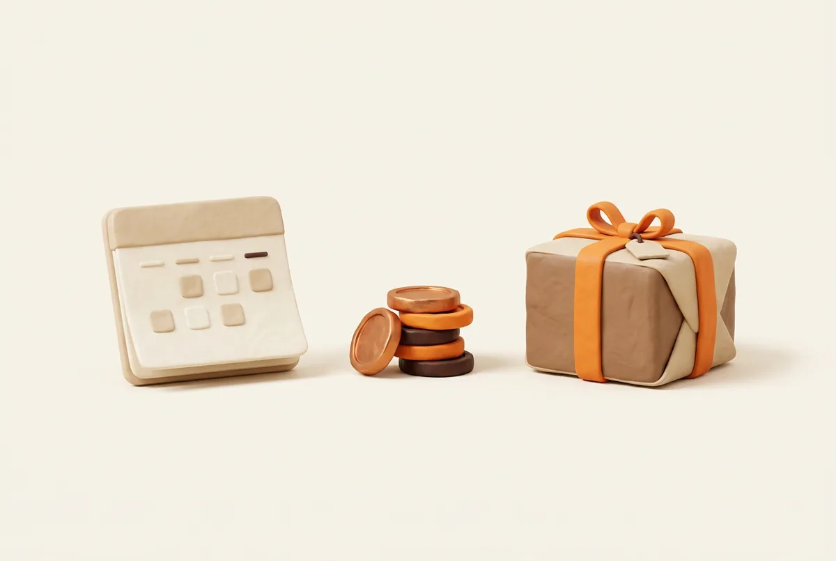 Illustration d'une page de calendrier vierge, d'une petite pile de pièces et d'un colis alignés, le parcours d'une première vente Amazon jusqu'au versement