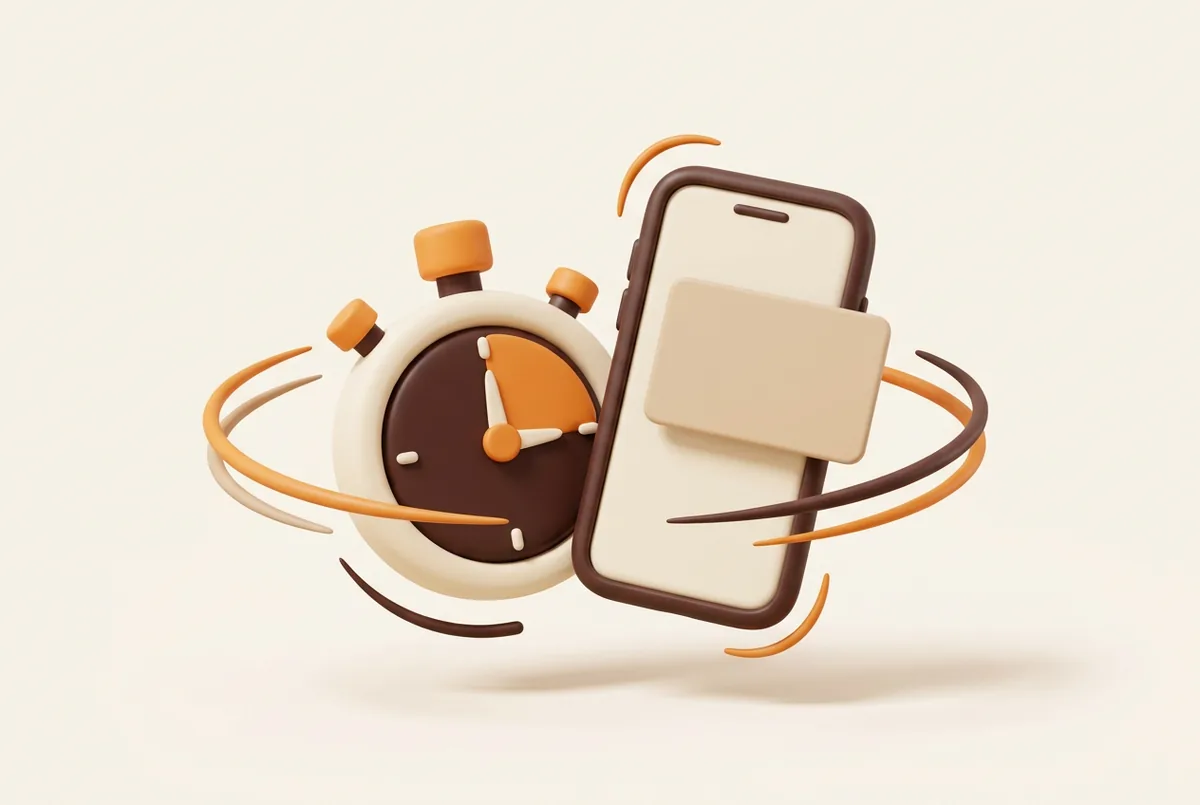 Illustration d'un chronomètre à côté d'un smartphone avec une carte de notification, qui mesure la rapidité d'une notification vente Amazon