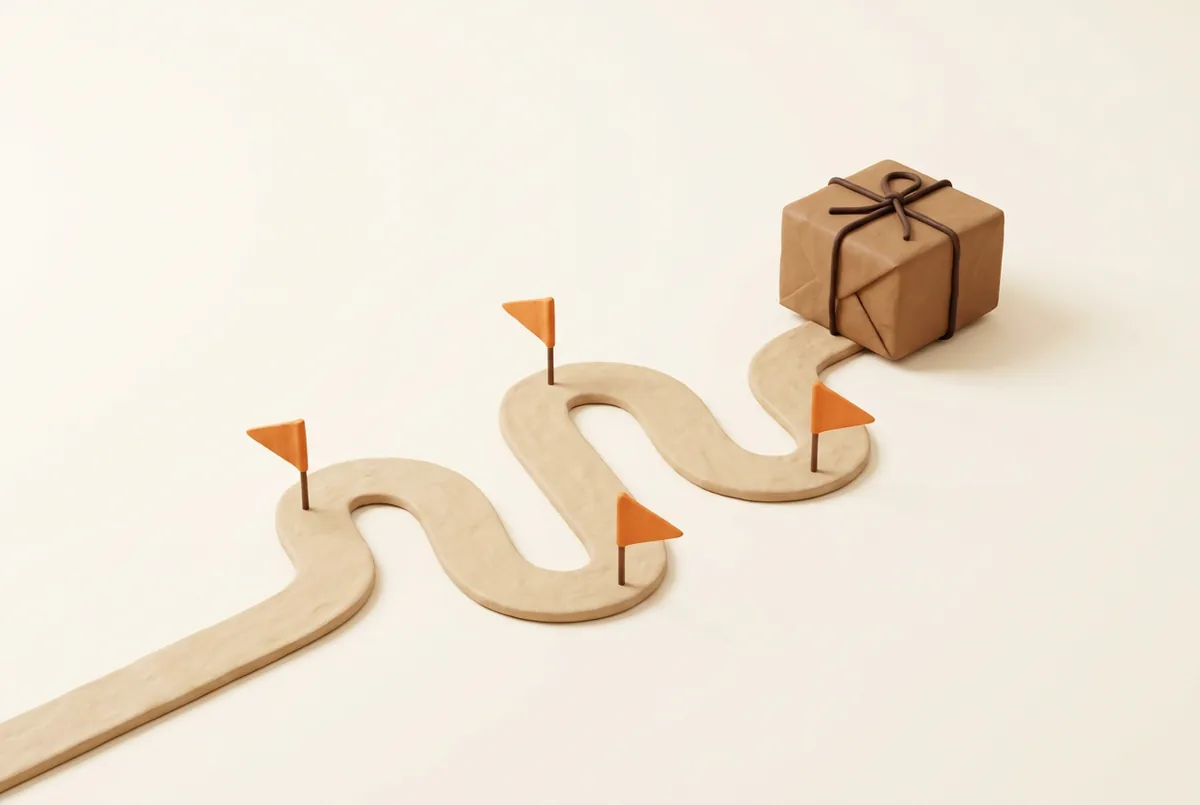 Illustration of a winding path with small orange flags as milestones leading to a parcel, the ten steps of how to sell on Amazon in order