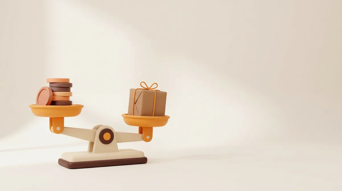 Illustration of a balance scale, slightly tilted, with a stack of coins on one pan and a parcel on the other, weighing the question is selling on Amazon worth it