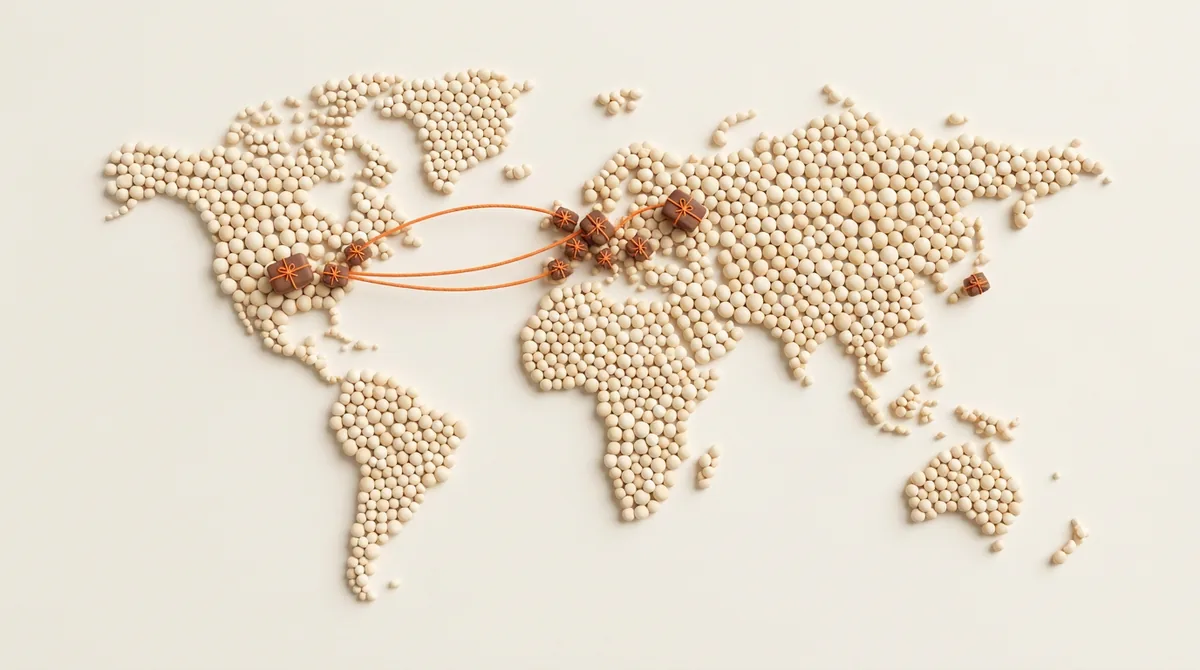 Illustration of a stylised world map made of clay dots, with small parcels on Europe and North America and thin orange lines between them, showing an Amazon European marketplaces account next to its North American counterpart