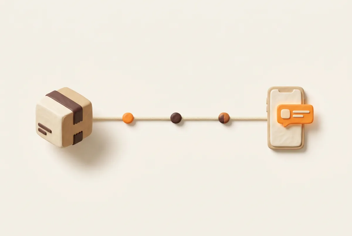 Illustration of a timeline with three dots leading from a parcel to a smartphone, the route an Amazon order notification travels