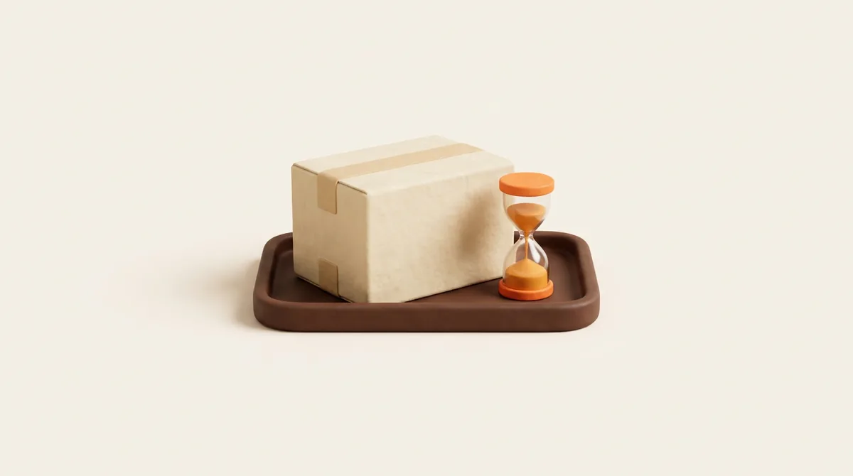 Illustration of a cardboard parcel on a tray with an hourglass beside it, waiting for an Amazon pending order to clear