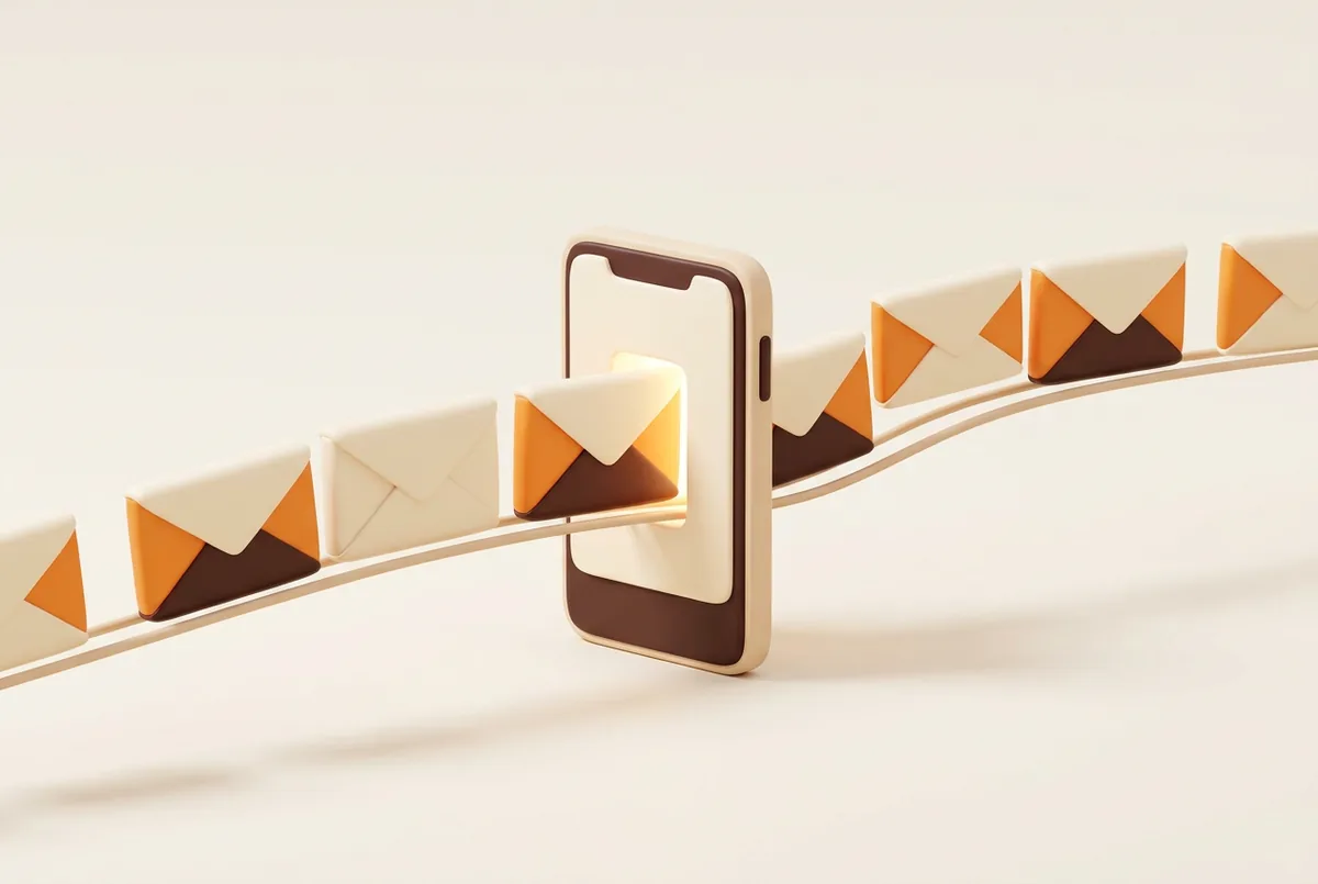 Illustration einer Reihe von Briefumschlägen, die auf einer dünnen Linie in ein Smartphone wandern, ein Umschlag pro Bestellung