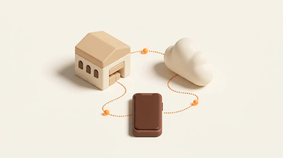 Illustration eines kleinen Lagergebäudes, einer Wolke und eines Smartphones, verbunden durch dünne orange Linien mit wandernden Punkten, der Weg von Amazon SP-API Bestellbenachrichtigungen